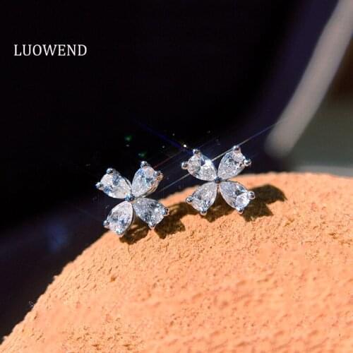 LUOWEND Real 18K Solid White Gold Stud Earrings Charm Female High Quality Diamond Earring Engagement Party Jewelry Temperament