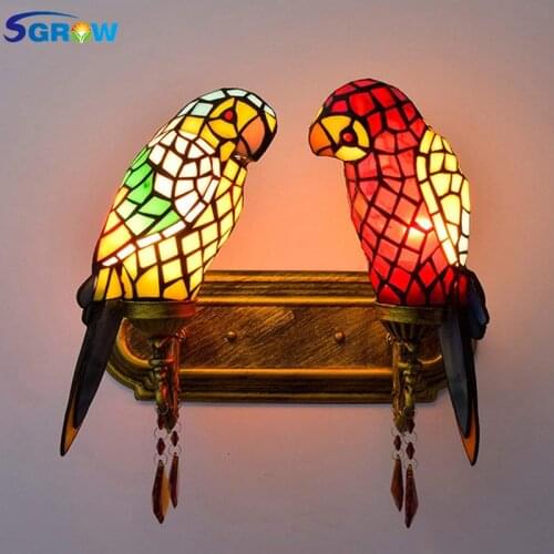 SGROW 2 Heads Tiffany Wall Lamp Indoor Lighting Fixtures Hand-made Glass Parrot Lampshade Lights for Bedroom Aisle Corridor