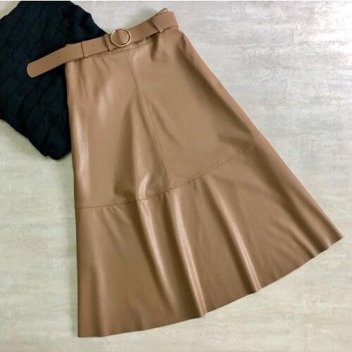 Women Fashion Belt PU Leather Skirt A-line Winter Autumn Urban Ladies High Waist Office A-line Skirts