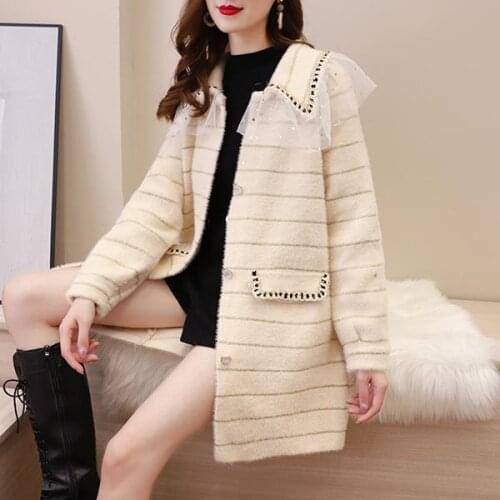 Womens mid-length cardigans lace autumn and winter Imitation mink velvet coat loose woolen coat women pocket