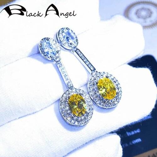 BLACK ANGEL Large Oval Luxury Citrine Yellow Gemstone Women Wedding Drop Earrings 925 Sterling Silver Jewelry Christmas Gift