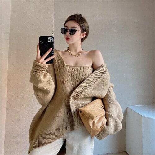 Wenfly Women Clothing Hot Sale Knitting Two Piece Sets Single Breasted Loose Cardigan Sweater Sexy Vest Strapless Sheath Tops
