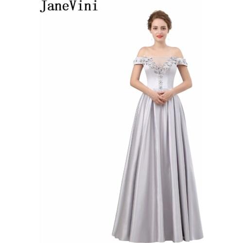 JaneVini A Line Satin Bridesmaid Dress Off the Shoulder Hand Made Flowers Beaded Floor Length Women Elegant Dresses for Weddings