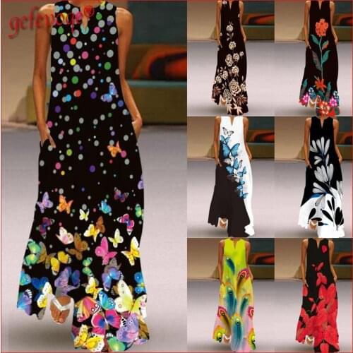 Women Fashion Summer Maxi Dresses Elegant Printed Beach Casual Sleeveless Long Dress 2021 Plus Size Sundress Vestidos De Fiesta