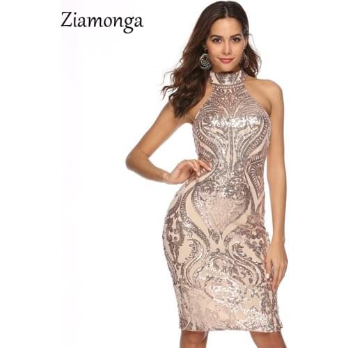 Ziamonga Women New Sleeveless Sequin Glitter Dresses Sexy Halter Neck Party Club Dress Shining Bodycon Sheath Dress Vestidos