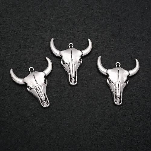 4pcs/Lots 29x34mm Antique Silver Plated Skull Bull Head Charms Alloy Metal Halloween Pendants For Diy Jewelry Making Accessories