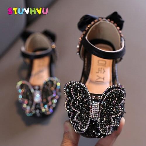 Rhinestone Butterfly Girls Sandals Princess Shoes Summer New Childrens Shoes Sequin Leather Girls Kids Shoes Black Pink Silver