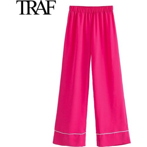 Traf Za Women Streetwear Elastic High Waist Wide Leg Pants Female Fashion Vintage Rose Red Casual Pants Mujer
