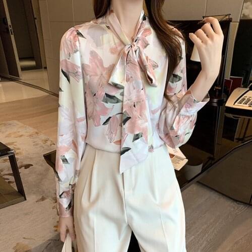 Chikichi 2021 Spring New Design Sense Petal Satin Chiffon Shirt Tie Long Sleeve Top Women Blouse Plus Size