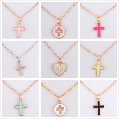 Enamel color religious crystal rhinestone cross necklace metal choker chain pendant necklace fashion costume jewellery boutique