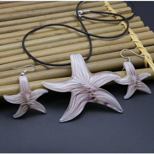Chinese Style Retro Handmade Personality Pendant Female Pink Carved Starfish Glass Pendant Earring Necklace Set