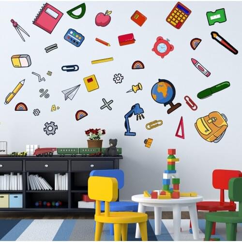 Pencil Schoolbag Desk Lamp Decoration Self Adhesive Wall Sticker Childrens Room Bedroom Creative Wallpaper Pvc