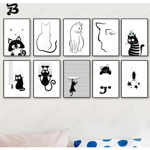 Canvas Painting for Living Room Black White Cute Cats Wall Art Cartoon Posters and Prints Wall Pictures for Kids Room Home Decor
