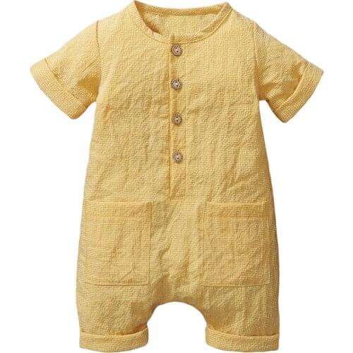 Infant Cute Summer Creative Yellow Round Collar Short Sleeve Pocket Decoration Chest Button Casual Romper Boys Girls Jumpsuit