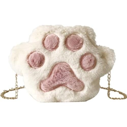 Womens Cartoon Messenger Bags Plush Adorkable Fresh Handbag Cat Paw Soft Shoulder Bag Fashion Chain Mobile Phone Bag