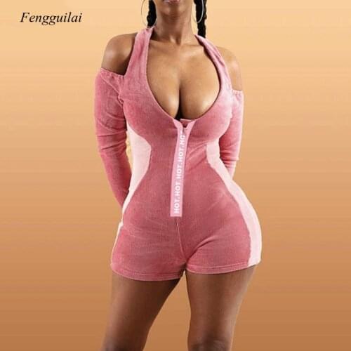 Autumn Spring 2021 New Womens Splicing Letter Print Zipper Casual Velvet Bodysuit Shorts Jumpsuit