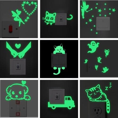 Creative Cat Dog Fairy Car Pattern Switch Stickers Glow In The Dark Wall Decals Kids Room Home Decoration Diy Luminous Mural Art