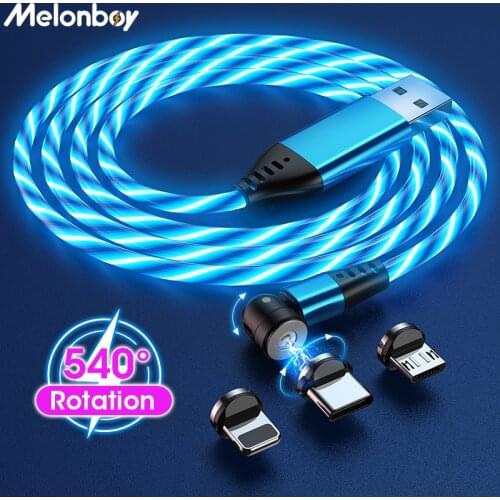 540 Degrees Magnetic Cables LED Flowing Light Micro USB Type C Wire Cord For Huawei Android Mobile Phone Charger For iPhone