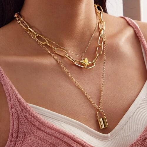Layered Chain Necklace Neck Chains Lock Pendant Jewelry For Women Punk Choker Padlock Goth Jewelry Grunge Aesthetic Accessories