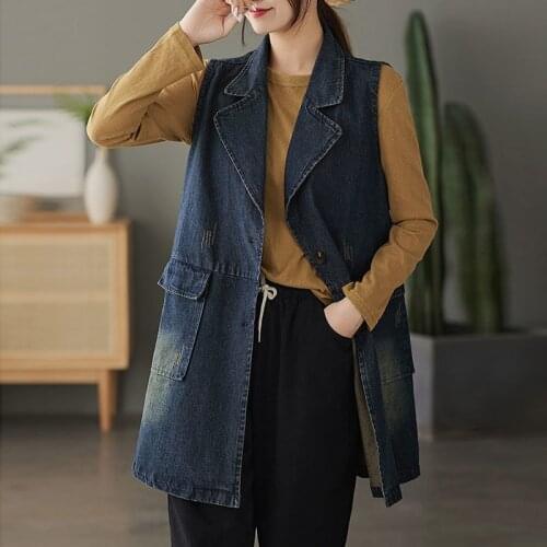 NINI WONDERLAND 2021 Autumn Cotton Denim Vest Coat Vintage Women Sleeveless Single Breasted V Neck Casual Long Outerwear Coats