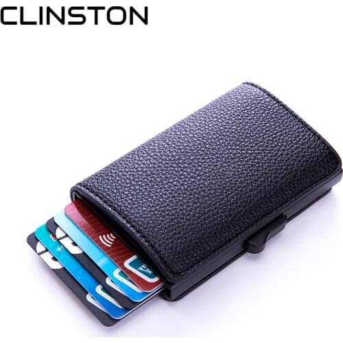 New Automatic RFID Lychee pattern leather wallet antimagnetic anti-theft card type credit card case aluminum alloy card holder