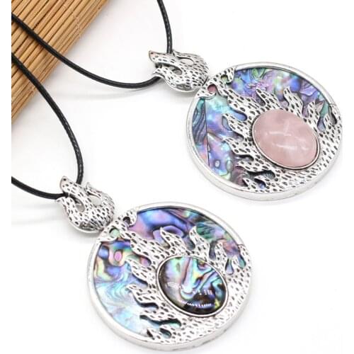 Natural Shell Stone Gem Pendant Retro Personality Necklace Sweater Chain Rose Quartz Gift for Girlfriend Boyfriend 45x45mm