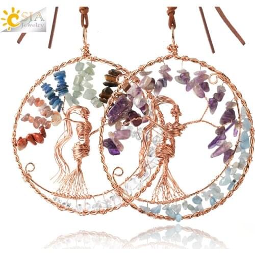 CSJA Natural Stone Tree of Life Pendant Rose Gold Color Wire Wrapped Round 7 Chakras Bead Chip Handmade Big Size Hanging G798