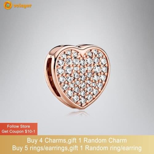 Volayer 925 Sterling Silver Bead Pave Heart Clip Charm fit Original Pandora Bracelets for Women Jewelry Making Gift