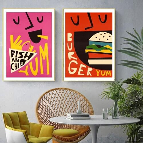 Cartoon Burger Poster Fish And Chips Burger Canvas Painting Yum Art Print Decorative Wall Picture For Dining Room Home Décor
