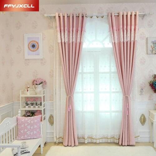 Pink Jacquard Lace Stitching Blackout Curtain Cloth For Girl living Room Bedroom Kitchen Window White Flower Tulle
