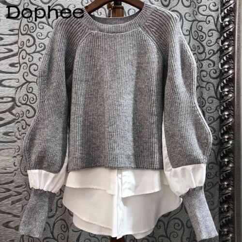 Preppy Style Fake Two Pieces Patchwork Shirts Sweater Women Spring Autumn Versatile Oversized Knit Sweater Korean Pullover Tops