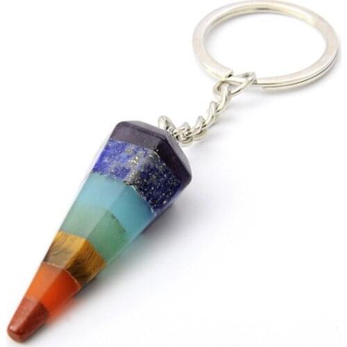 Hexagonal Cone Shape Chakra Stone Keychain Natural Crystal Pendulum Energy Stone Key Ring