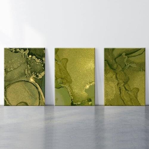 Modern Luxurious Sprinkle Gold Green Canvas Painting Abstract Graphics Marbling Posters Wall Art for Living Room Hoom Decor