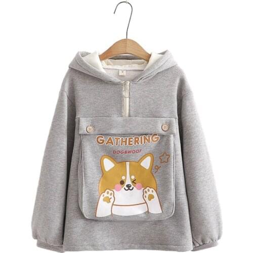 Fleece Womens Hoodies Cartoon Dog Print Cute Hooded Sweatshirt 2020 Winter Long Sleeve Warm Top Harajuku Loose Kawaii Pullover