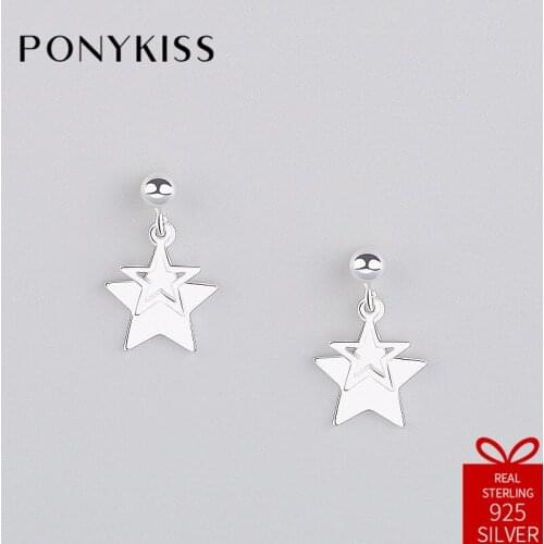 PONYKISS 100% 925 Sterling Silver Romantic Stars Geometric Stud Earrings Women Prevent Allergy Fine Jewelry Birthday Party Gift