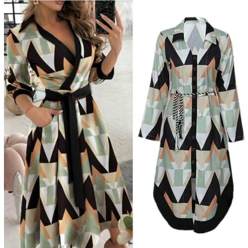 2021 Autumn Lady Womens Shirt Dress Wave Print Long Sleeve V-neck Casual Loose Holiday Midi Dress Plus Size