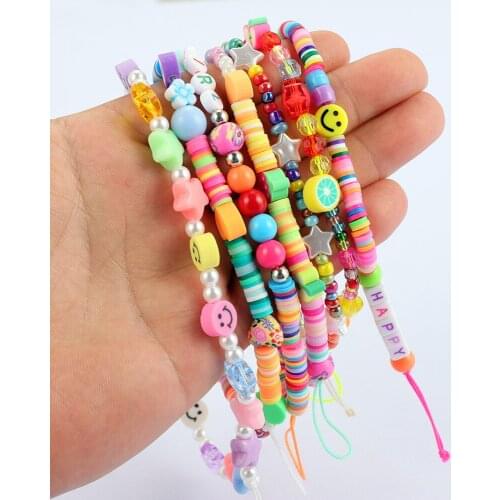 Acrylic Color Heart-shaped Beaded Mobile Phone Lanyard Five-pointed Star Yellow Smiley Chain Travel for Girls Women Friends