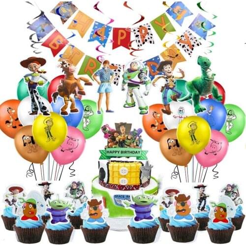 Animated Disney Themed Party Birthday Flag PVC Spiral Charm Toy Story Mania Cake Decoration Toppers Latex Balloons Suit Supplies