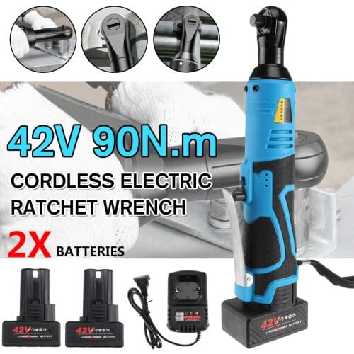 42V Cordless Ratchet 3/8" Rechargeable Electric Wrench 90N.m Max Right Angle Ratchet Power Tool with 1/2 Battery Charger Kit