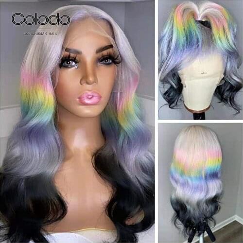COLODO Rainbow Colored Lace Front Wigs Human Hair Ombre Grey Pink Lace Front Human Hair Wigs Body Wavy Transparent Lace Wigs