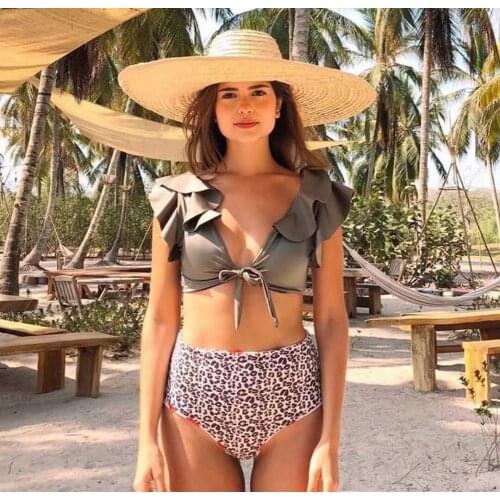 Women Two Piece Printed Bikini Swimsuit Deep V Neck Ruffle Sleeve Bra Tops Grey Green Leopard Swim Panty Swimwear Soft S M L