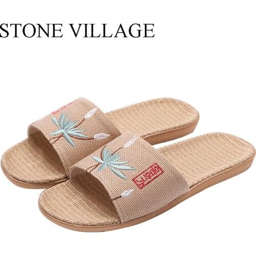 STONE VILLAGE Embroidered Open Toe Household Linen Slippers Summer Couple Non-Slip Linen Slippers Men Summer Home Slippers