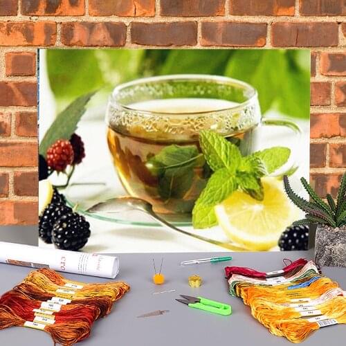 Scenery Flower Tea Printed Canvas 11CT Cross Stitch Embroidery Patterns DMC Threads Handicraft Needlework Handiwork Decor