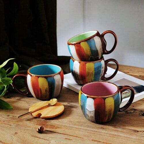 Art Painted Coffee Cup Creative Environmental Protection Ceramic Handmade Milk Cup with Spoon
