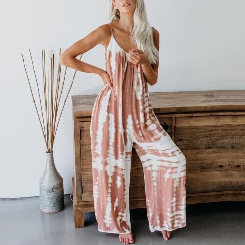 Women Casual Sleeveless Spaghetti Straps Tie Dye Backless Loose Jumpsuit Overall