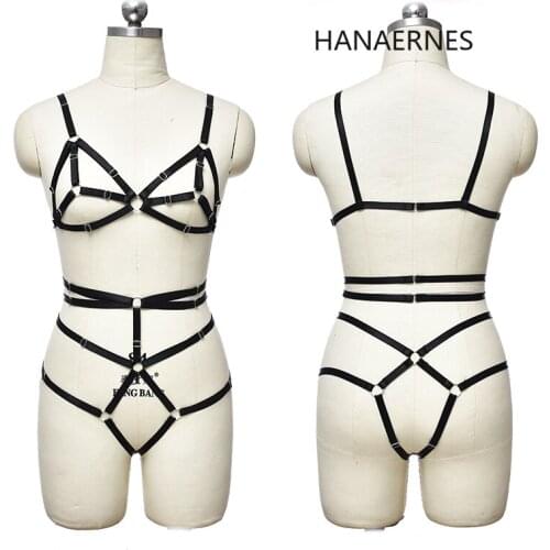 Womens Gothic Sexy Black Lingerie Caged Body Harness Bra Crop Top Strappy Female Gothic Punk Adjustable Garter Underwear Set