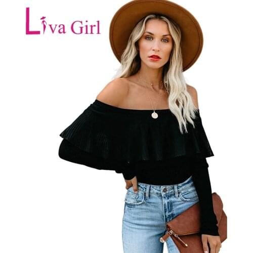 Liva Girl Black Ribbed Off The Shoulder Lace Top Woamn Spring Autumn Sexy Loose Shirt Female Slash Neck Oversize Blouse 2XL
