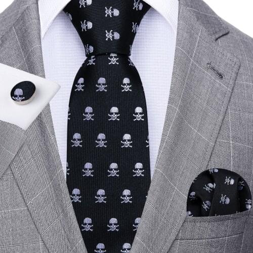 Fashion Black Skull Men Tie Set Silk Jacquard Necktie Wedding Business Handkerchief Cufflinks Tie Barry.Wang Designer FA-5326