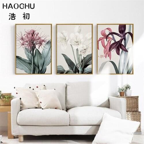 HAOCHU Unframed Red White Lily Flower Decorative Pictures Modular Wall Painting On Canvas Modern Wall Poster Home Decor Mural