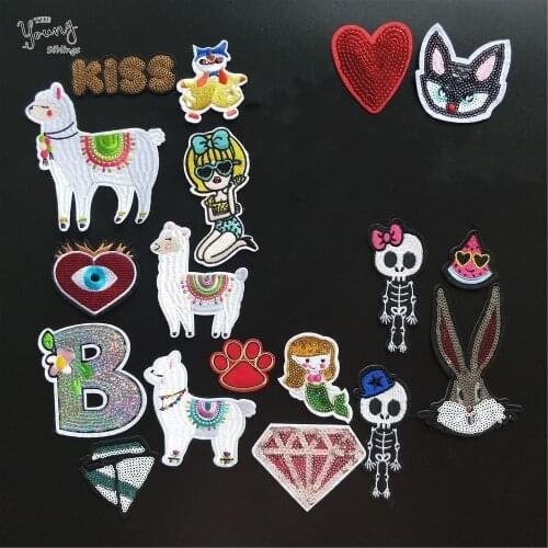 Sequins Letter B BAM Unicorn Skull Patch Iron on Sew On Applique Badge Cheap Sheep Embroidered Patches For Girl Clothes Stickers